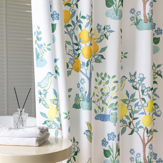 Fun Cute Shower Curtain,Whimsical Frog Colorful Lemon Bright Yellow Blue Cottage Core Eclectic Nature Botanical Floral Bird Cottagecore Summer Coastal Shower Curtains for Bathroom Decor