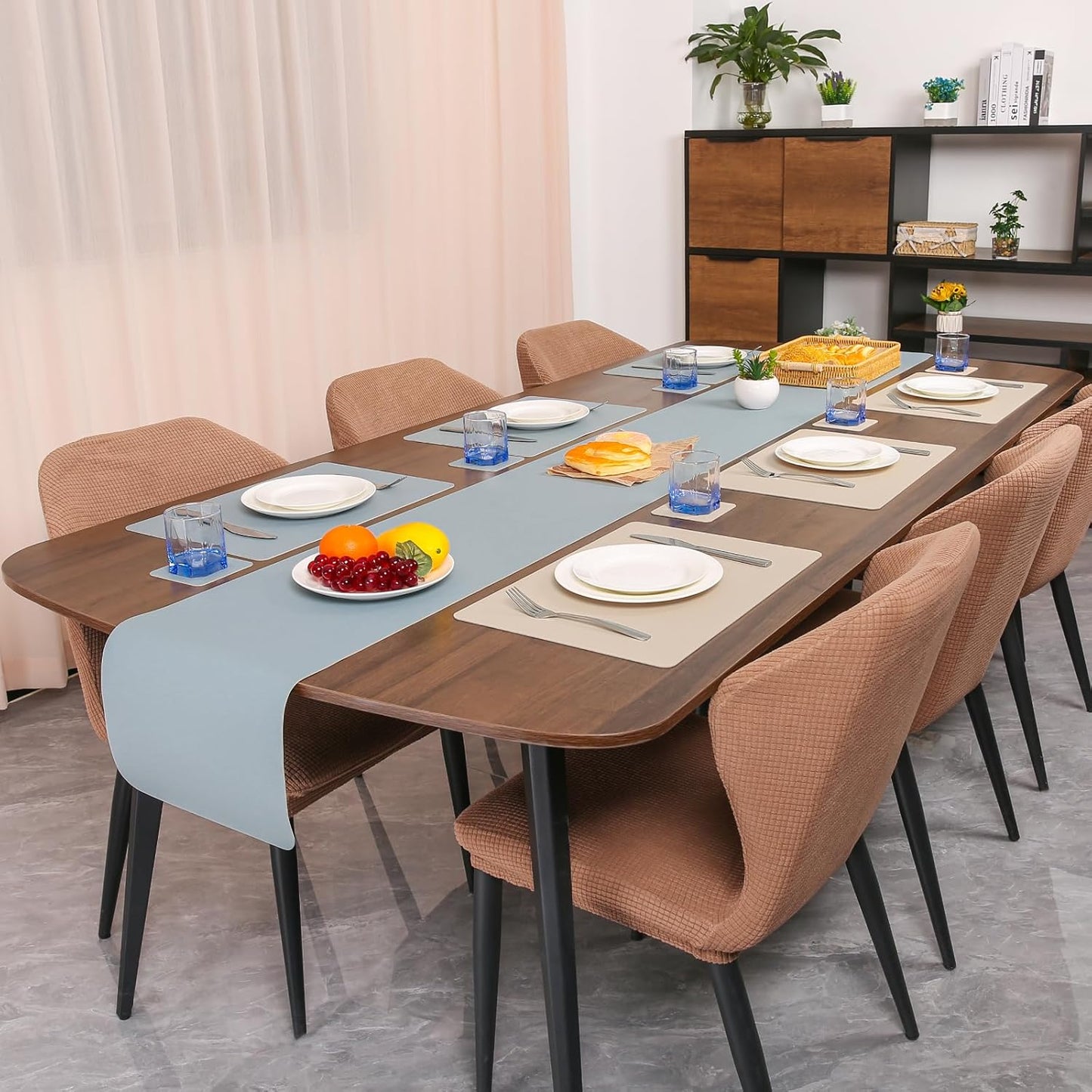 Table Runner Double Sided Vinyl Runner Table 55 Inch Long Runner for Table Washable Waterproof Non-Slip for Home Decorations Camel Yellow Light Blue,12 x 55 inch