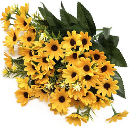 Yellow Daisy Artificial Flowers Bunches, Silk Realistic Wildflowers Bouquet Plastic Greenery Plants Bushes Mini Daisies Flower for Outdoor Indoor Home Garden Party Verandah Summer Decoration 4 Pack