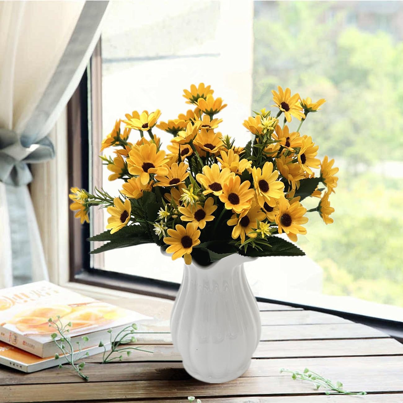 Yellow Daisy Artificial Flowers Bunches, Silk Realistic Wildflowers Bouquet Plastic Greenery Plants Bushes Mini Daisies Flower for Outdoor Indoor Home Garden Party Verandah Summer Decoration 4 Pack