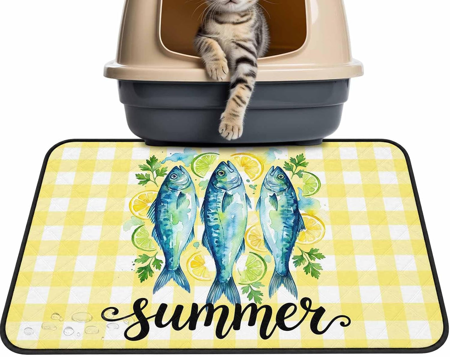T&H XHomeSummer Cat Litter Mat 24x18 , Lemon Sea Fish Lemons Farmhouse Plaid Yellow Kitty Litter Box mat for Cat Machine Washable Easy Clean Soft Non-Slip Pet Food Mats for Floor Rug