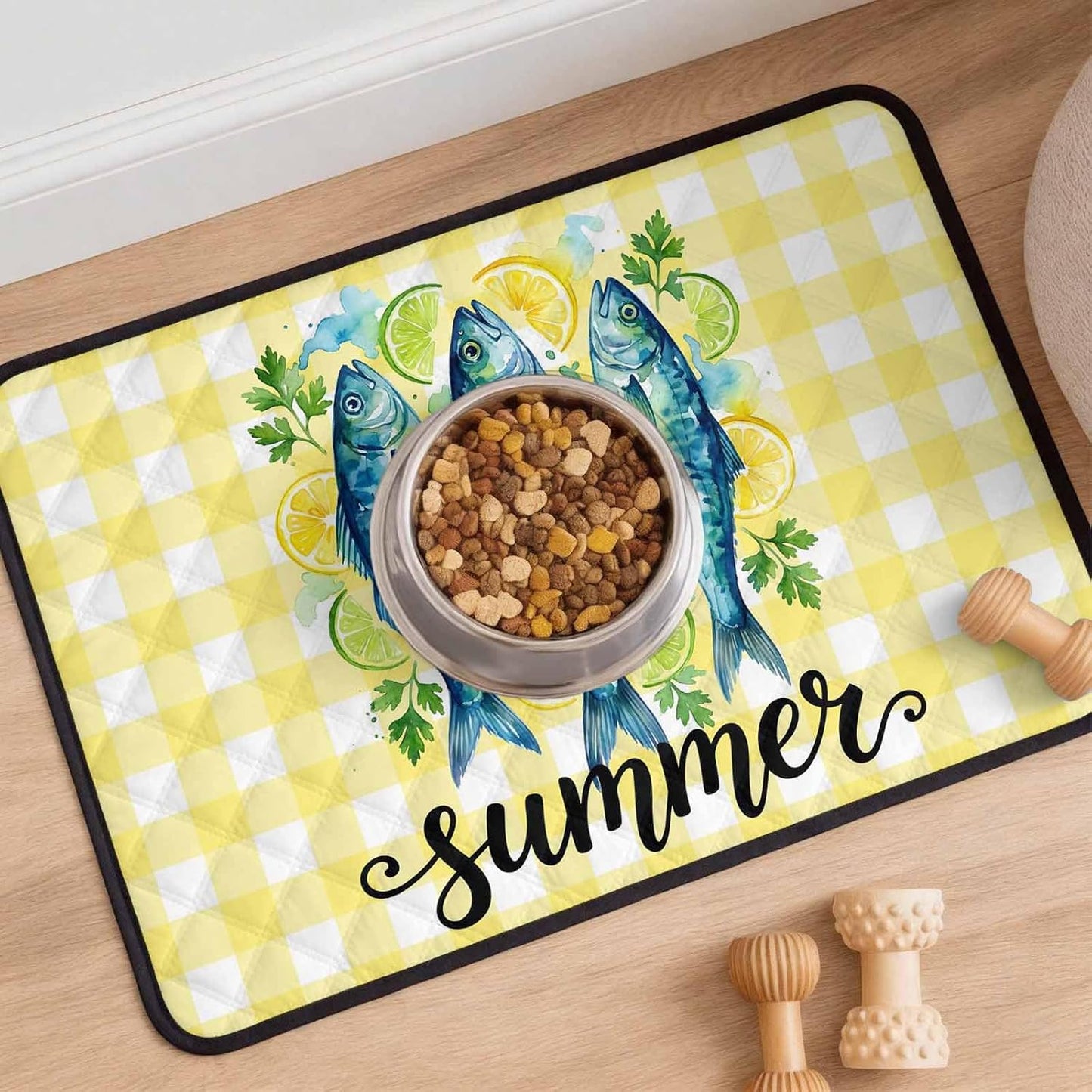 T&H XHomeSummer Cat Litter Mat 24x18 , Lemon Sea Fish Lemons Farmhouse Plaid Yellow Kitty Litter Box mat for Cat Machine Washable Easy Clean Soft Non-Slip Pet Food Mats for Floor Rug