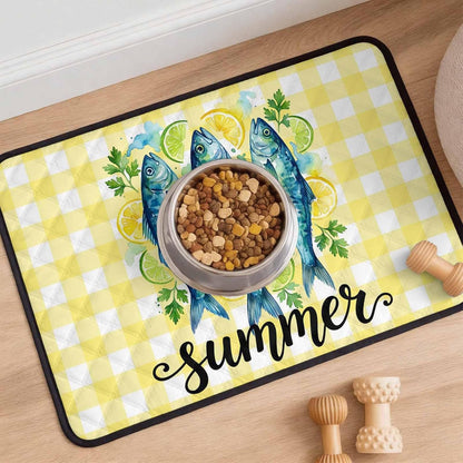 T&H XHomeSummer Cat Litter Mat 24x18 , Lemon Sea Fish Lemons Farmhouse Plaid Yellow Kitty Litter Box mat for Cat Machine Washable Easy Clean Soft Non-Slip Pet Food Mats for Floor Rug