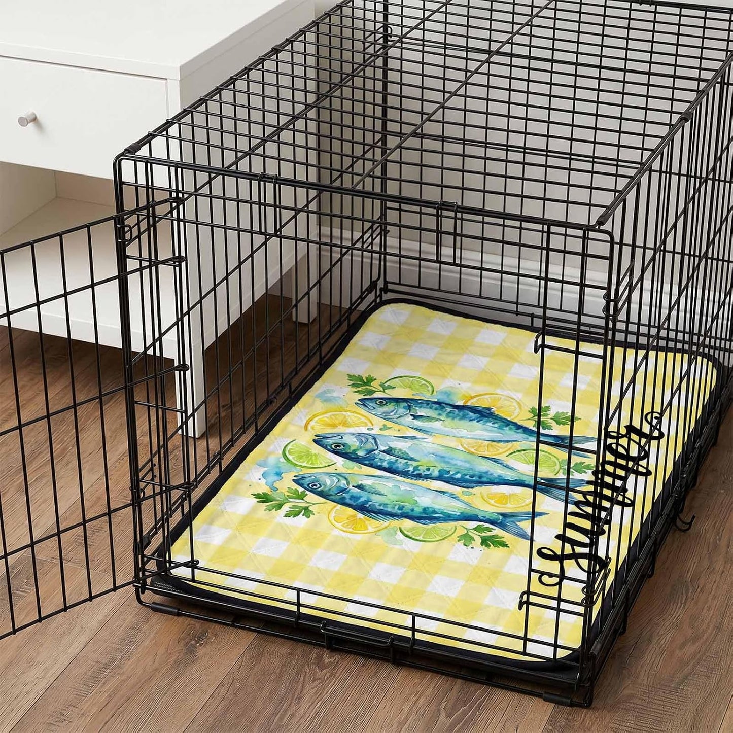 T&H XHomeSummer Cat Litter Mat 24x18 , Lemon Sea Fish Lemons Farmhouse Plaid Yellow Kitty Litter Box mat for Cat Machine Washable Easy Clean Soft Non-Slip Pet Food Mats for Floor Rug
