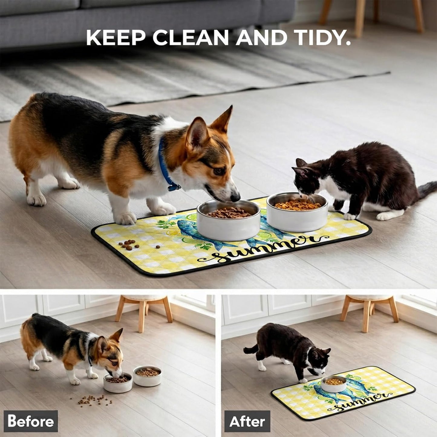 T&H XHomeSummer Cat Litter Mat 24x18 , Lemon Sea Fish Lemons Farmhouse Plaid Yellow Kitty Litter Box mat for Cat Machine Washable Easy Clean Soft Non-Slip Pet Food Mats for Floor Rug