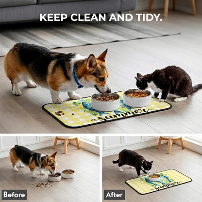 T&H XHomeSummer Cat Litter Mat 24x18 , Lemon Sea Fish Lemons Farmhouse Plaid Yellow Kitty Litter Box mat for Cat Machine Washable Easy Clean Soft Non-Slip Pet Food Mats for Floor Rug