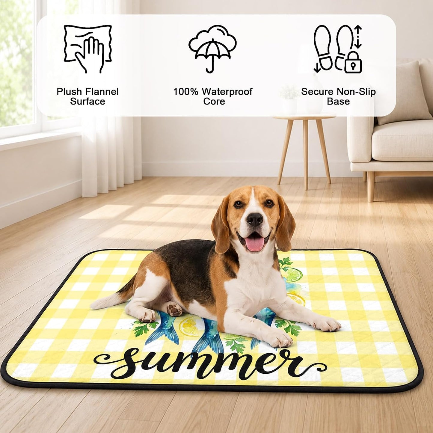 T&H XHomeSummer Cat Litter Mat 24x18 , Lemon Sea Fish Lemons Farmhouse Plaid Yellow Kitty Litter Box mat for Cat Machine Washable Easy Clean Soft Non-Slip Pet Food Mats for Floor Rug