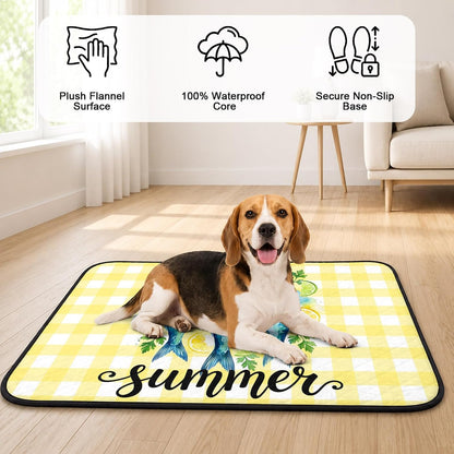 T&H XHomeSummer Cat Litter Mat 24x18 , Lemon Sea Fish Lemons Farmhouse Plaid Yellow Kitty Litter Box mat for Cat Machine Washable Easy Clean Soft Non-Slip Pet Food Mats for Floor Rug