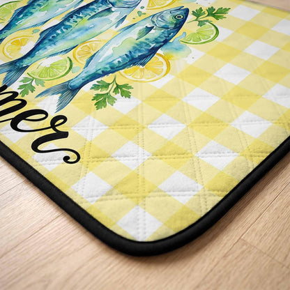 T&H XHomeSummer Cat Litter Mat 24x18 , Lemon Sea Fish Lemons Farmhouse Plaid Yellow Kitty Litter Box mat for Cat Machine Washable Easy Clean Soft Non-Slip Pet Food Mats for Floor Rug