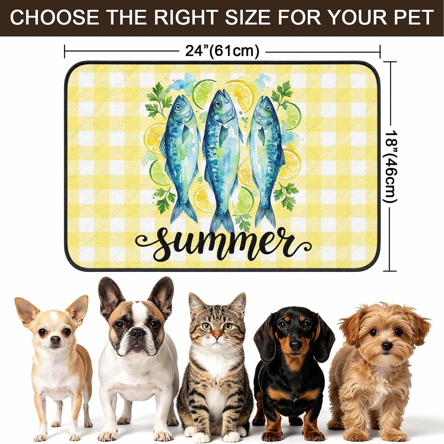 T&H XHomeSummer Cat Litter Mat 24x18 , Lemon Sea Fish Lemons Farmhouse Plaid Yellow Kitty Litter Box mat for Cat Machine Washable Easy Clean Soft Non-Slip Pet Food Mats for Floor Rug