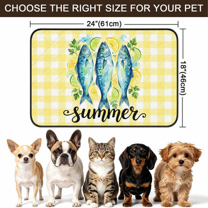 T&H XHomeSummer Cat Litter Mat 24x18 , Lemon Sea Fish Lemons Farmhouse Plaid Yellow Kitty Litter Box mat for Cat Machine Washable Easy Clean Soft Non-Slip Pet Food Mats for Floor Rug
