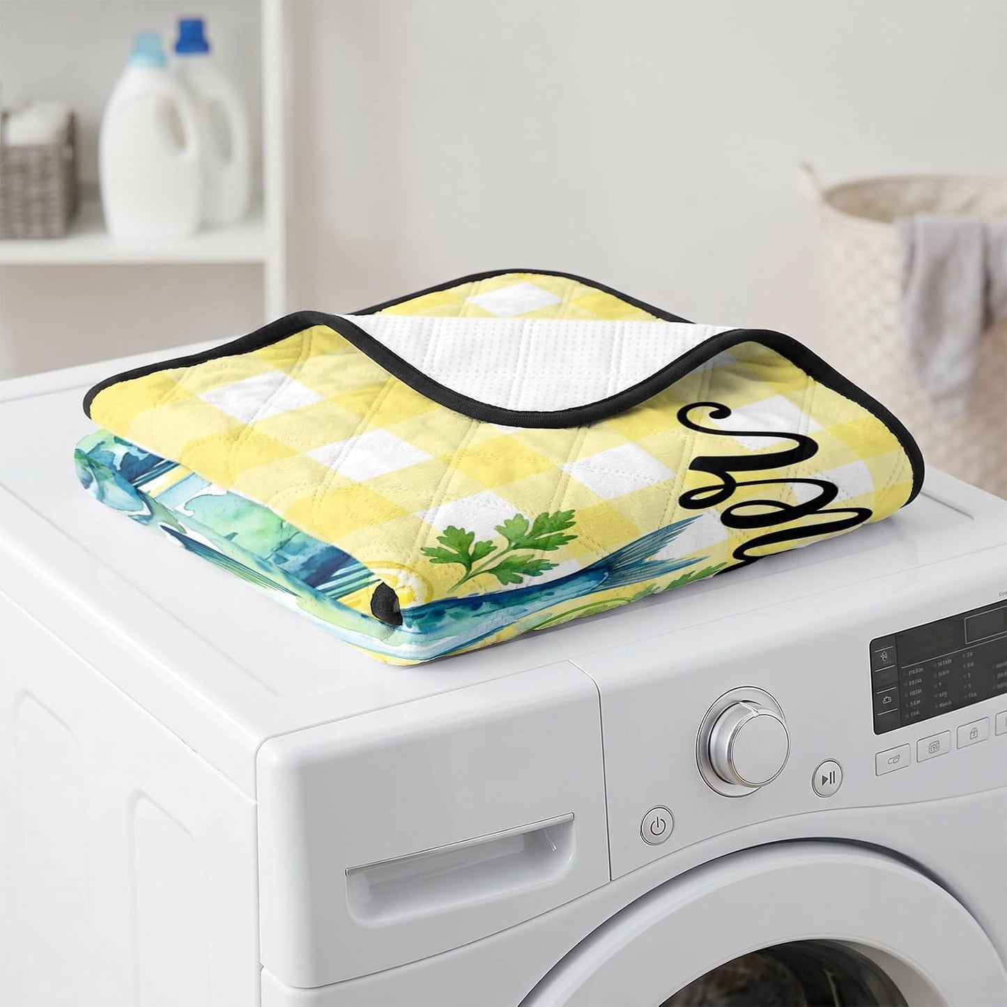 T&H XHomeSummer Cat Litter Mat 24x18 , Lemon Sea Fish Lemons Farmhouse Plaid Yellow Kitty Litter Box mat for Cat Machine Washable Easy Clean Soft Non-Slip Pet Food Mats for Floor Rug
