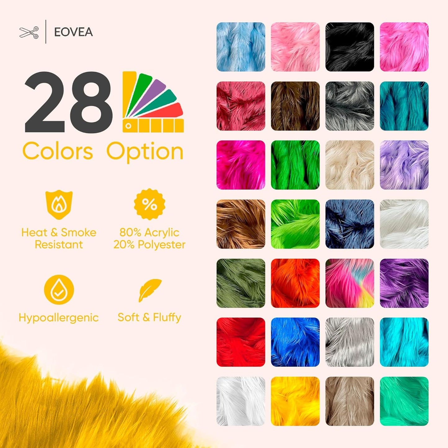 EOVEA Shaggy Faux Fur Fabric by The Yard – 60" Wide | Soft Furry Plush Fabric | Long Pile | Fluffy Craft Fake Fur for DIY, Cosplay, Costumes, Sewing, Apparel,Decorations(Yellow, Half Yard)