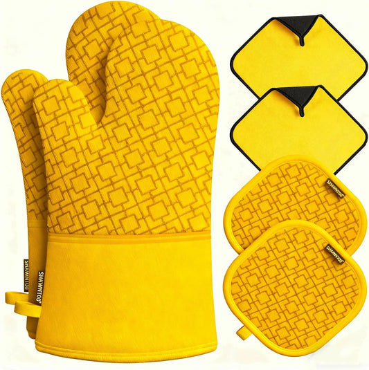 and Pot Holders Sets 6pcs, Kitchen Oven Glove,High Heat Resistant 550 Degree Extra Long and Potholders with Non-Slip Silicone Surface for Home Essentials (Grey) (Yellow)