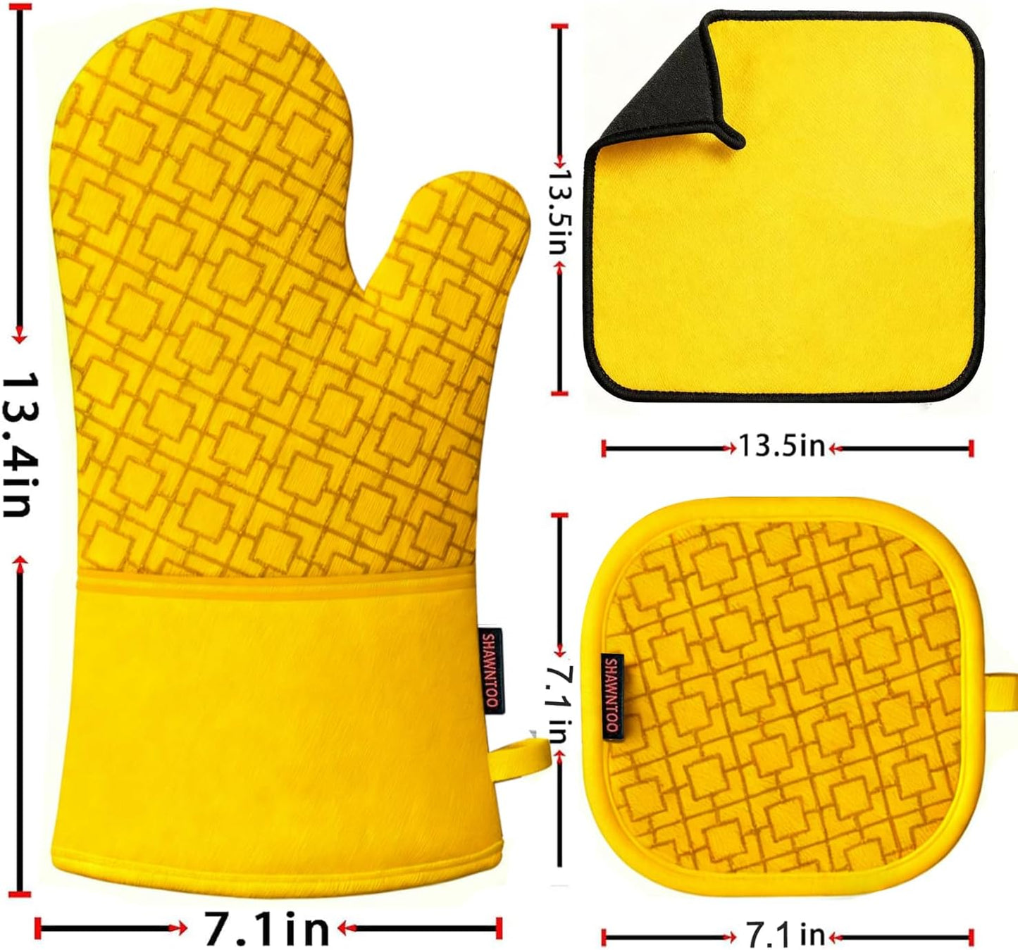 and Pot Holders Sets 6pcs, Kitchen Oven Glove,High Heat Resistant 550 Degree Extra Long and Potholders with Non-Slip Silicone Surface for Home Essentials (Grey) (Yellow)