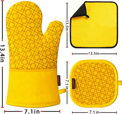 and Pot Holders Sets 6pcs, Kitchen Oven Glove,High Heat Resistant 550 Degree Extra Long and Potholders with Non-Slip Silicone Surface for Home Essentials (Grey) (Yellow)