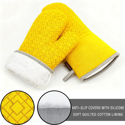 and Pot Holders Sets 6pcs, Kitchen Oven Glove,High Heat Resistant 550 Degree Extra Long and Potholders with Non-Slip Silicone Surface for Home Essentials (Grey) (Yellow)