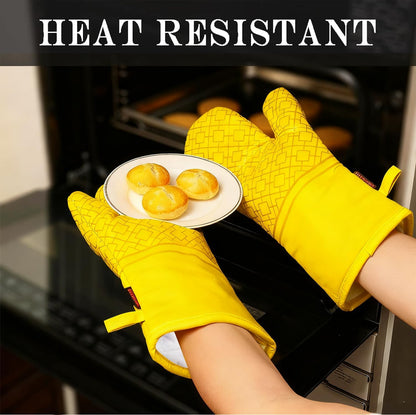 and Pot Holders Sets 6pcs, Kitchen Oven Glove,High Heat Resistant 550 Degree Extra Long and Potholders with Non-Slip Silicone Surface for Home Essentials (Grey) (Yellow)