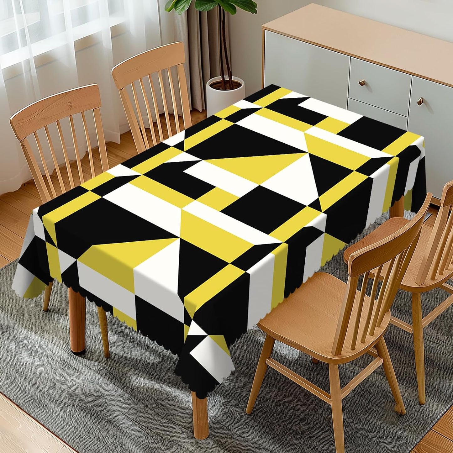Stripes Triangle Prints Rectangular Tablecloth, Black and Yellow Shape 54x72 Inch Wavy Lace Border Polyester Table Cloth for Dining, Kitchen, Parties