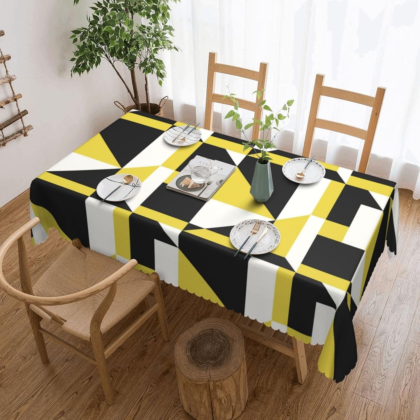 Stripes Triangle Prints Rectangular Tablecloth, Black and Yellow Shape 54x72 Inch Wavy Lace Border Polyester Table Cloth for Dining, Kitchen, Parties
