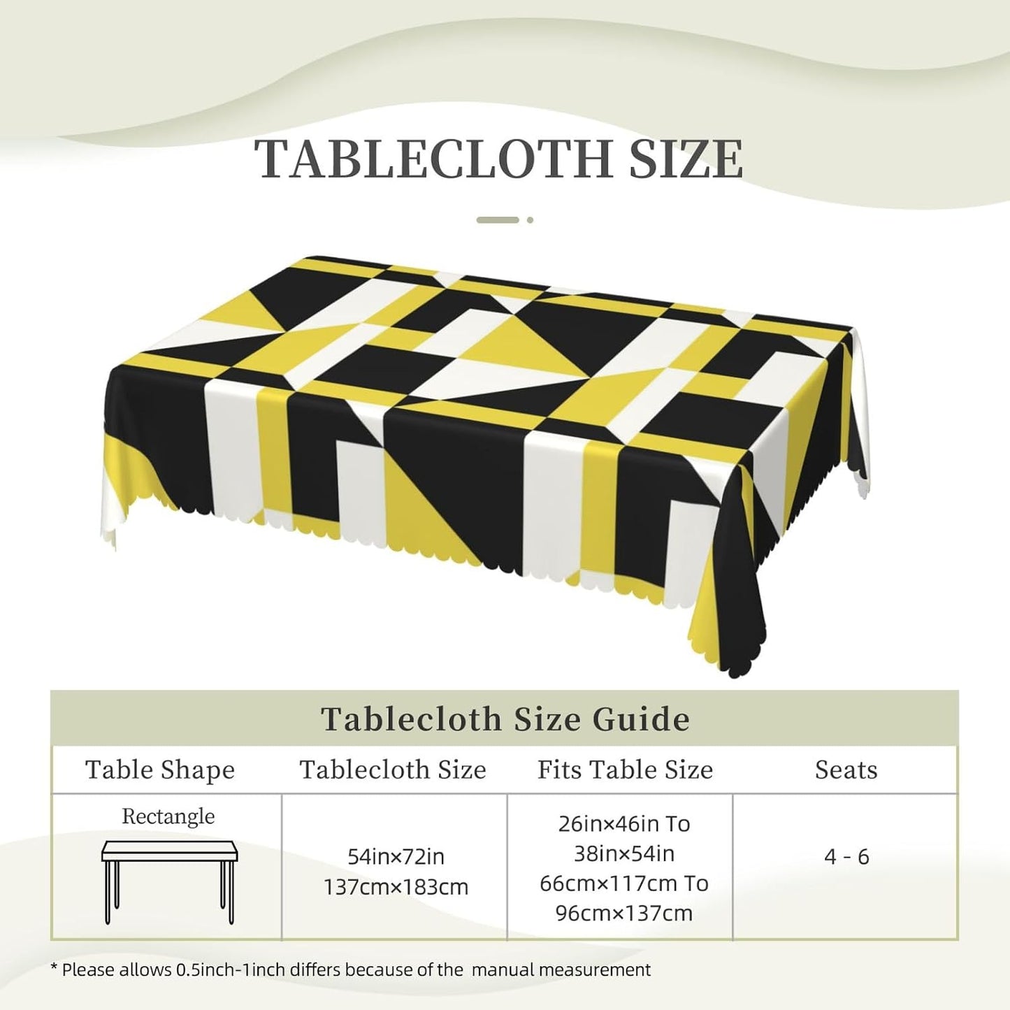 Stripes Triangle Prints Rectangular Tablecloth, Black and Yellow Shape 54x72 Inch Wavy Lace Border Polyester Table Cloth for Dining, Kitchen, Parties