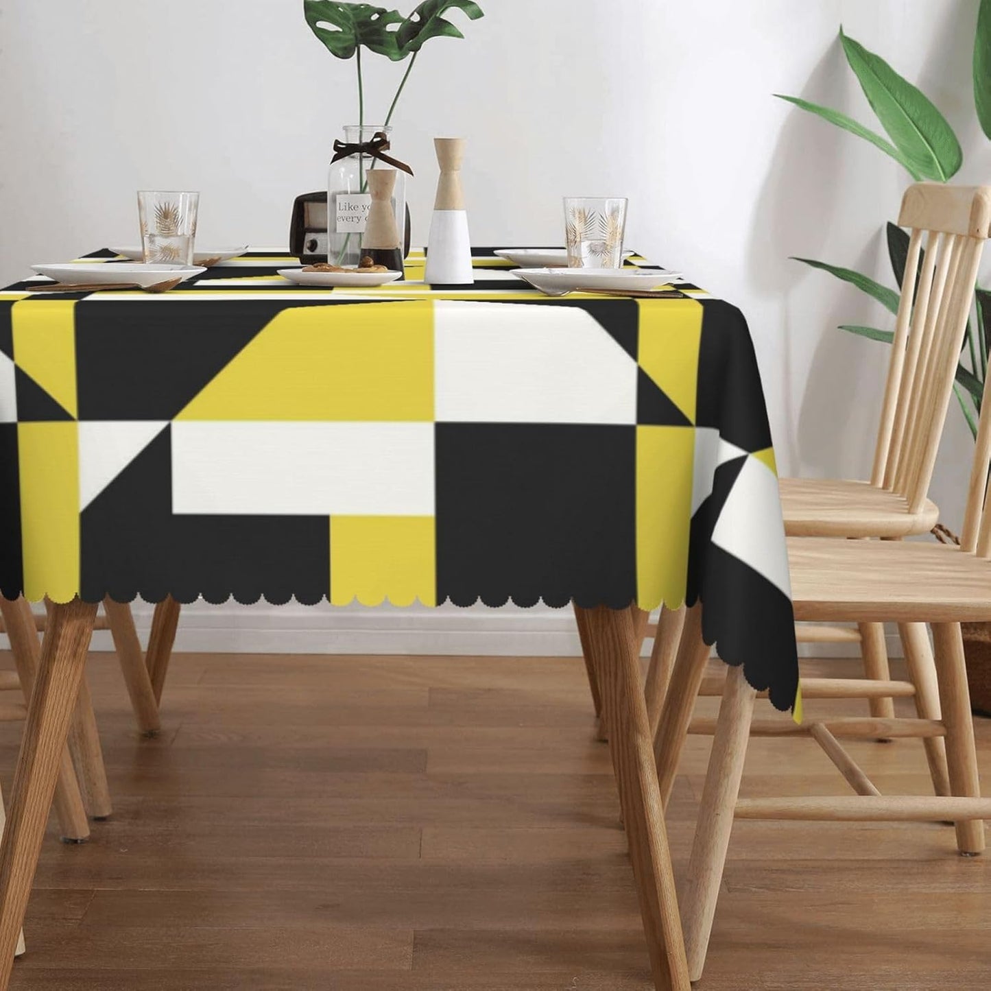 Stripes Triangle Prints Rectangular Tablecloth, Black and Yellow Shape 54x72 Inch Wavy Lace Border Polyester Table Cloth for Dining, Kitchen, Parties