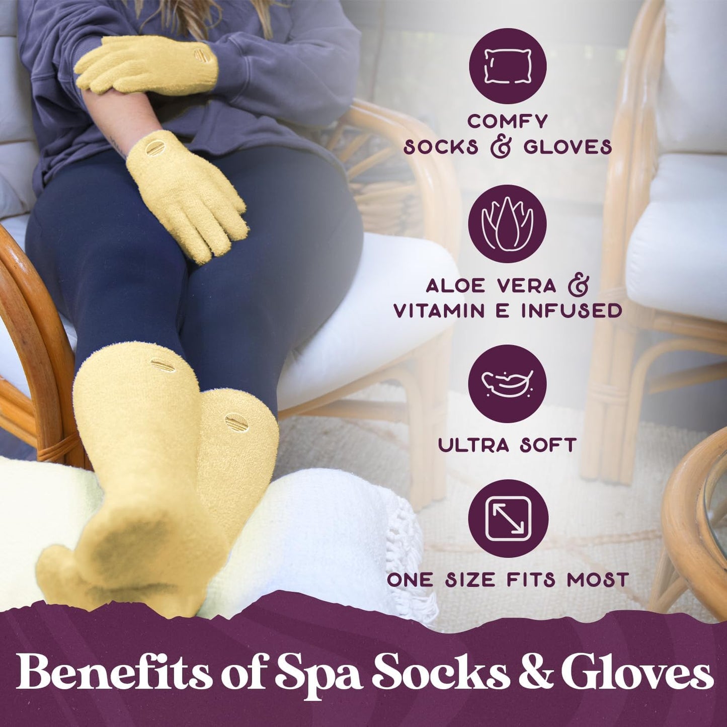 Moisturizing Socks and Gloves Set | Yellow Fuzzy Socks and Gloves with Aloe and Vitamin E for Women | Women's Gifts for Self-Care