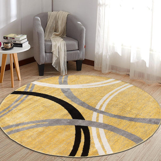 Wavy Circles Design Round Rug, Fade-Resistant Carpet for Living Room, Dining Area, or Office, Yellow, 6'6" Round
