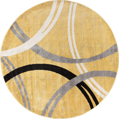 Wavy Circles Design Round Rug, Fade-Resistant Carpet for Living Room, Dining Area, or Office, Yellow, 6'6" Round
