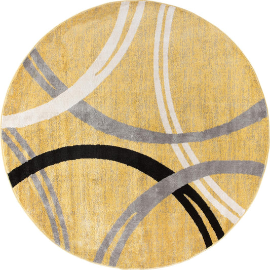 Wavy Circles Design Round Rug, Fade-Resistant Carpet for Living Room, Dining Area, or Office, Yellow, 6'6" Round