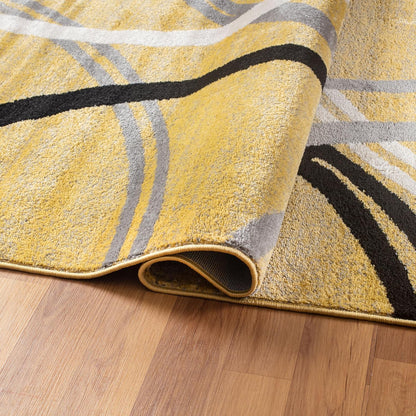 Wavy Circles Design Round Rug, Fade-Resistant Carpet for Living Room, Dining Area, or Office, Yellow, 6'6" Round