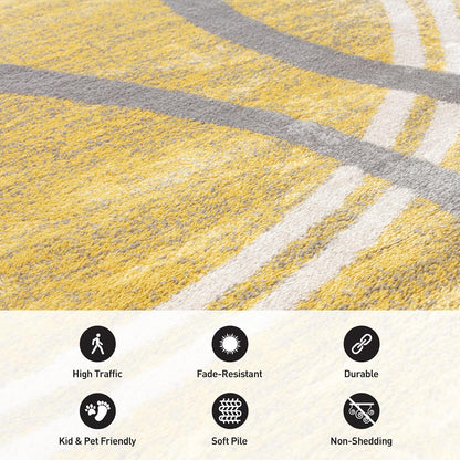 Wavy Circles Design Round Rug, Fade-Resistant Carpet for Living Room, Dining Area, or Office, Yellow, 6'6" Round