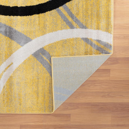 Wavy Circles Design Round Rug, Fade-Resistant Carpet for Living Room, Dining Area, or Office, Yellow, 6'6" Round