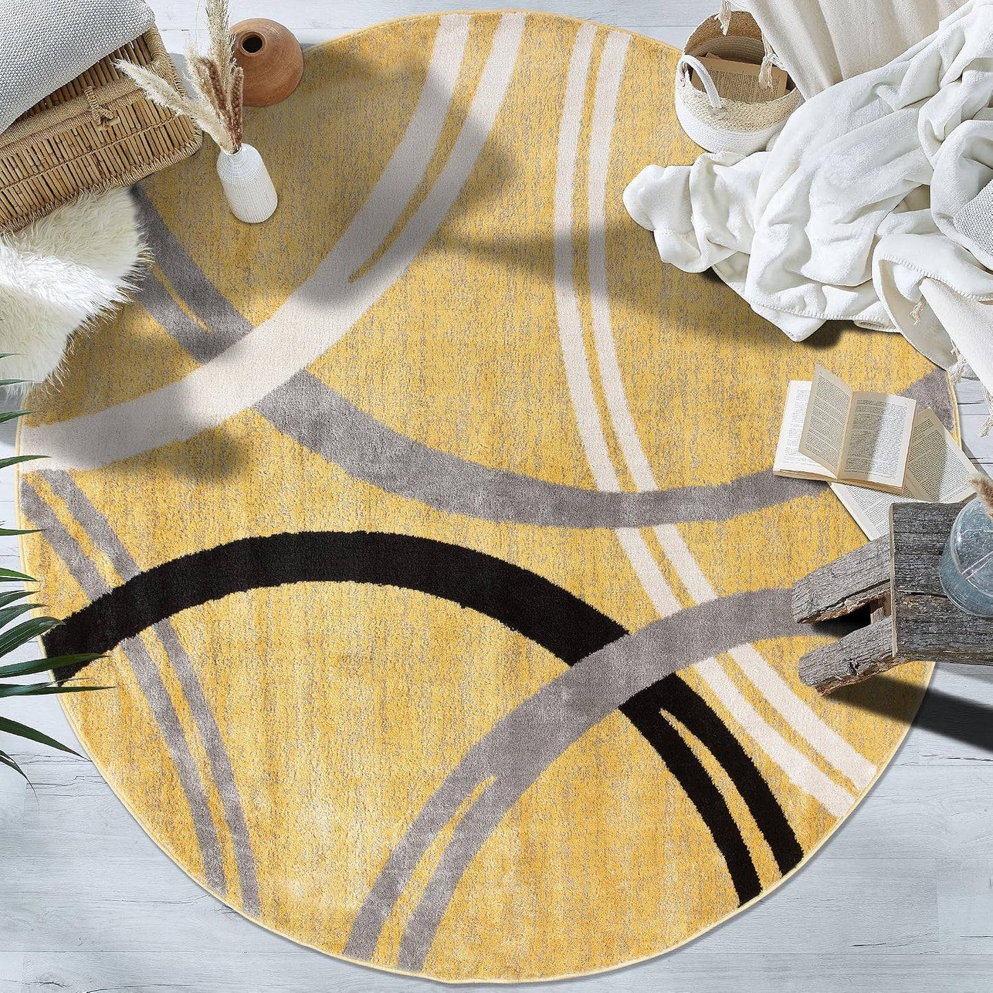 Wavy Circles Design Round Rug, Fade-Resistant Carpet for Living Room, Dining Area, or Office, Yellow, 6'6" Round