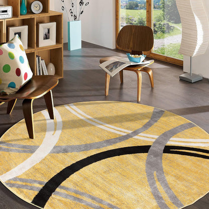 Wavy Circles Design Round Rug, Fade-Resistant Carpet for Living Room, Dining Area, or Office, Yellow, 6'6" Round