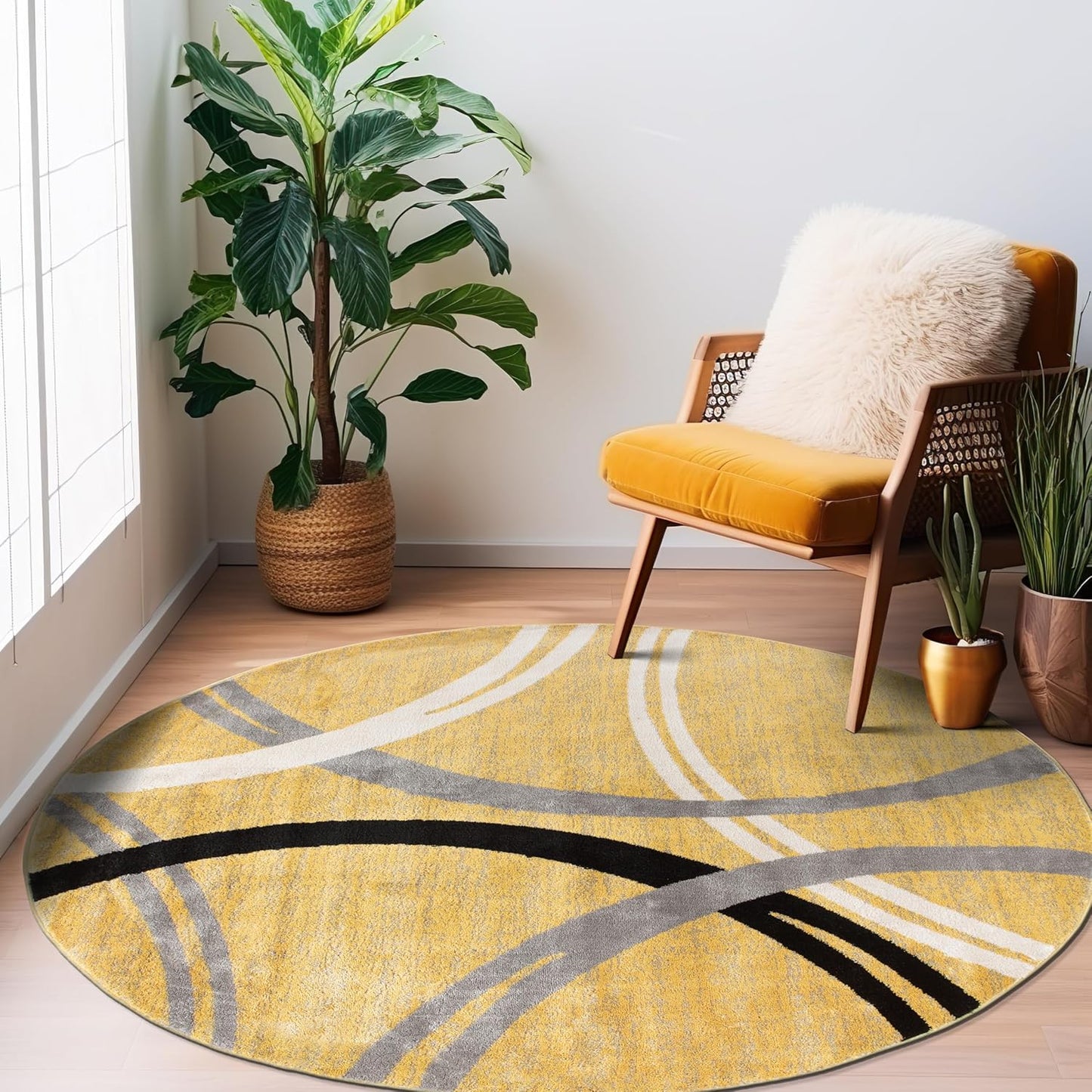 Wavy Circles Design Round Rug, Fade-Resistant Carpet for Living Room, Dining Area, or Office, Yellow, 6'6" Round