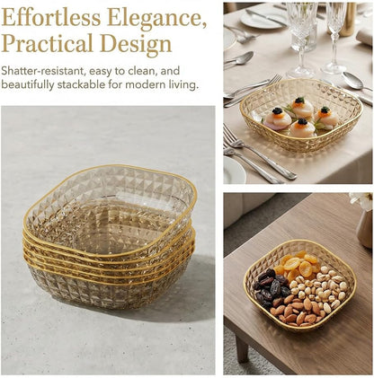 4PCS, Elegant Pattern Fruit Bowl With Golden Rim, Spit Bone Dish, Fruit Plate, Dessert Plate, Cake Plate, Snack Plate, Breakfast Plate, Kitchen Stuff, Kitchen Supplies, Tableware Accessories-Yellow