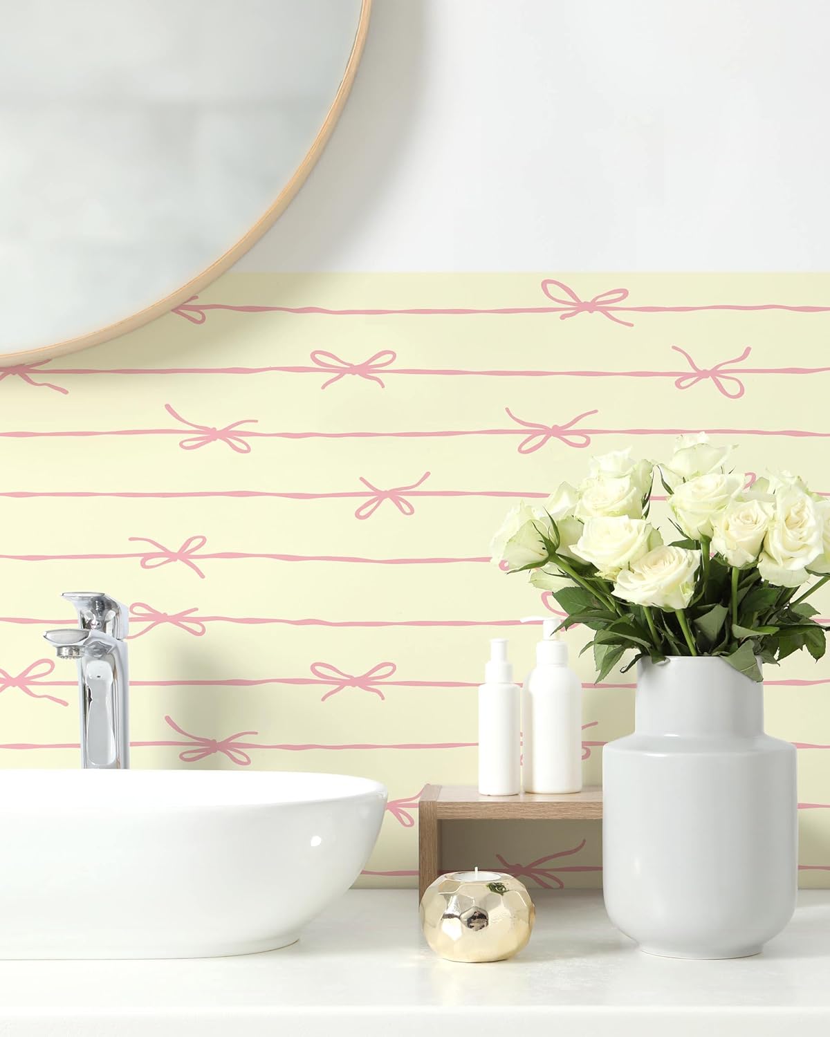 Pink Yellow Striped Peel and Stick Wallpaper Kawaii Cute Decor 9in×19.7ft | Removable Contact Paper for Walls, Cabinets, Renter Friendly, Ribbon, Dorm Decor, Made in Japan, EASYWALLTAPE EWP27