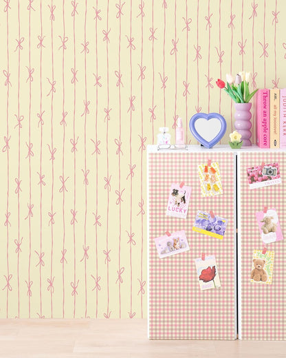 Pink Yellow Striped Peel and Stick Wallpaper Kawaii Cute Decor 9in×19.7ft | Removable Contact Paper for Walls, Cabinets, Renter Friendly, Ribbon, Dorm Decor, Made in Japan, EASYWALLTAPE EWP27