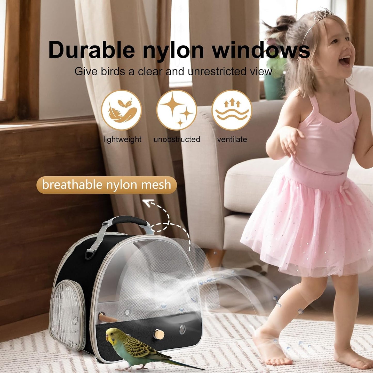 Bird Carrier, Portable Small Bird Parrot Parakeet Carrier with Standing Perch and Stainless Steel Tray, Side Access Window Collapsible (Green, Clear Windows)