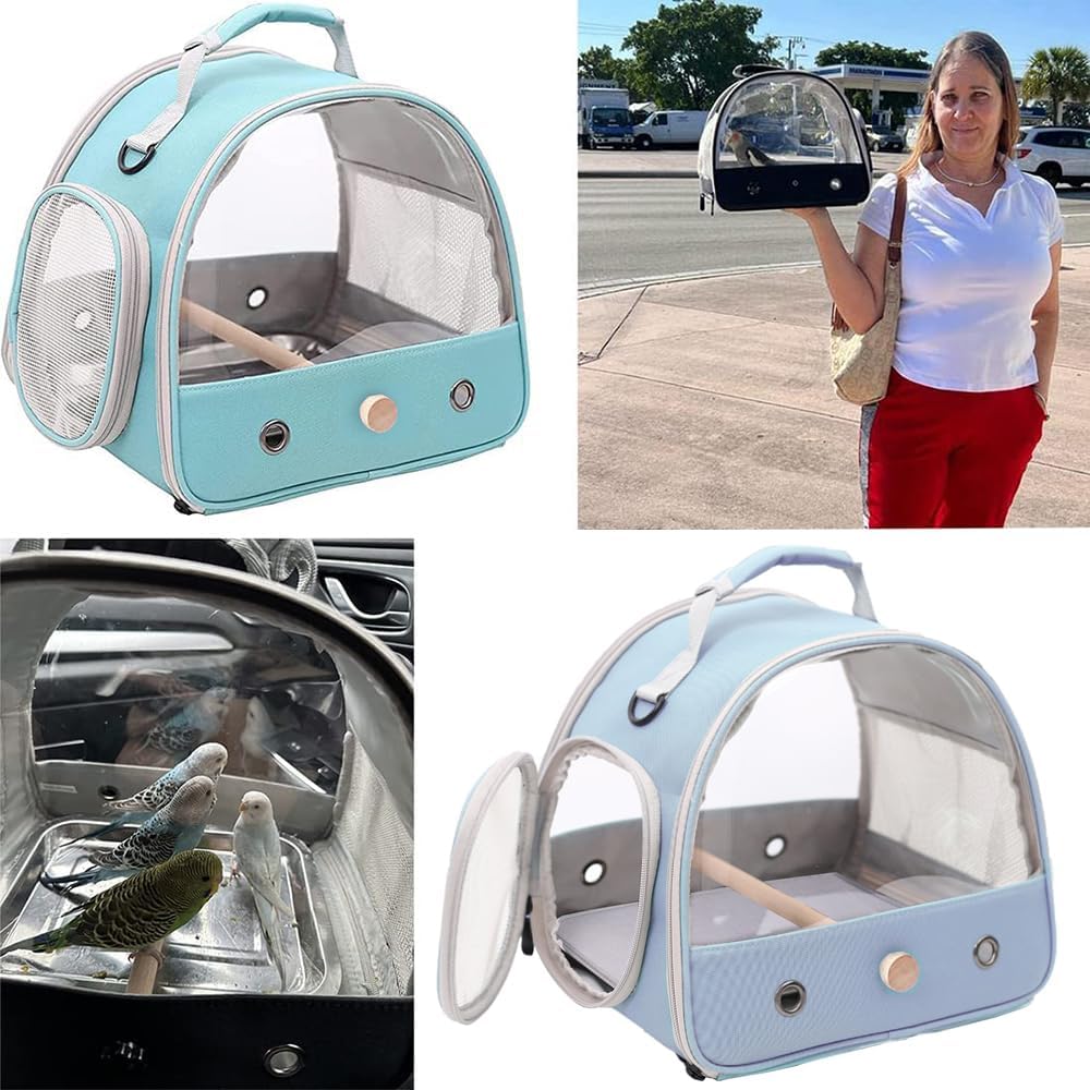 Bird Carrier, Portable Small Bird Parrot Parakeet Carrier with Standing Perch and Stainless Steel Tray, Side Access Window Collapsible (Green, Clear Windows)
