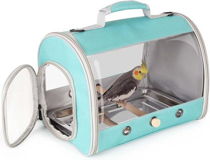 Bird Carrier, Portable Small Bird Parrot Parakeet Carrier with Standing Perch and Stainless Steel Tray, Side Access Window Collapsible (Green, Clear Windows)