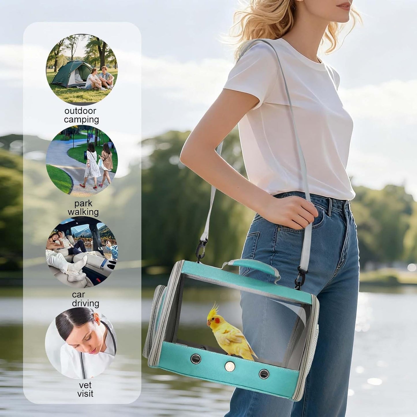 Bird Carrier, Portable Small Bird Parrot Parakeet Carrier with Standing Perch and Stainless Steel Tray, Side Access Window Collapsible (Green, Clear Windows)