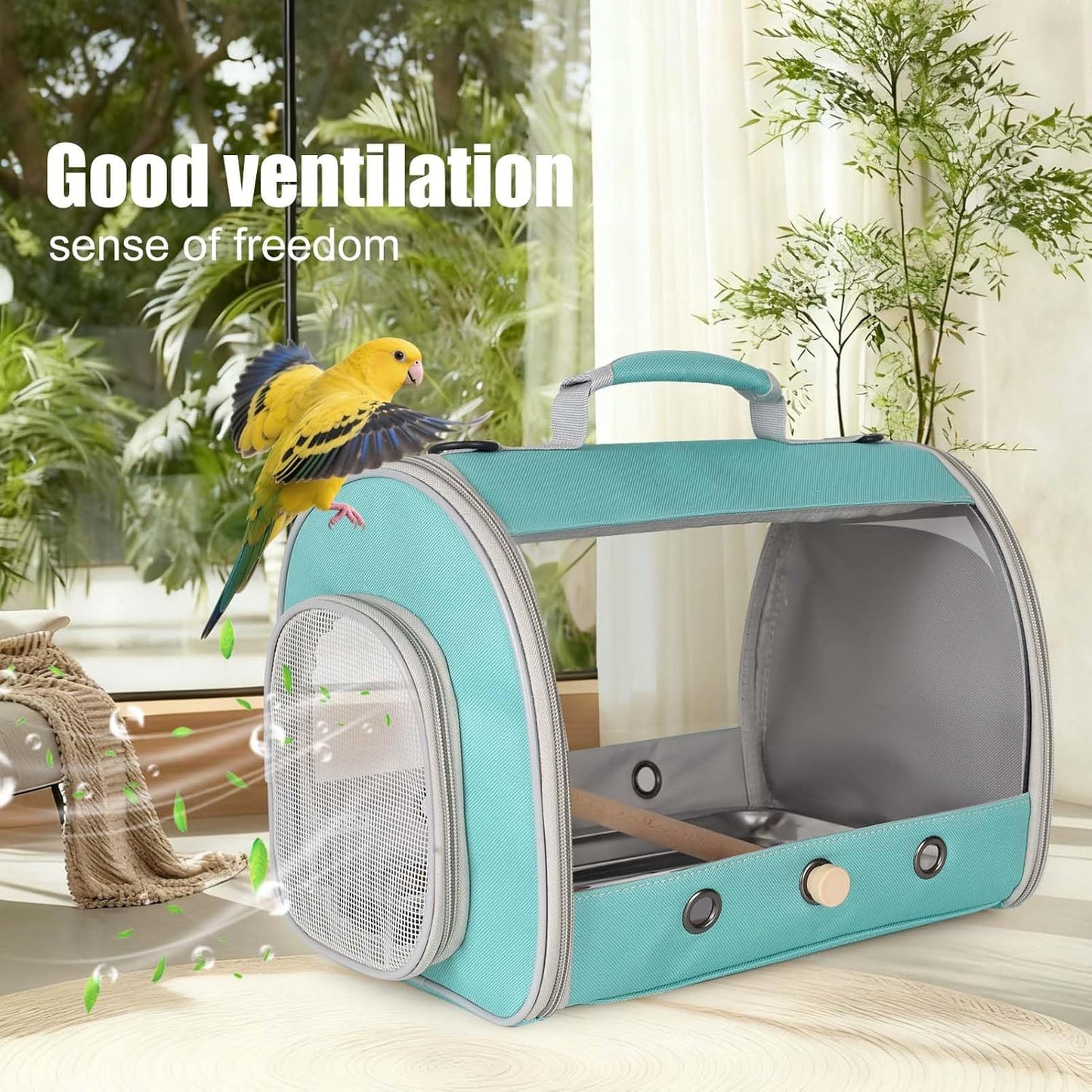 Bird Carrier, Portable Small Bird Parrot Parakeet Carrier with Standing Perch and Stainless Steel Tray, Side Access Window Collapsible (Green, Clear Windows)