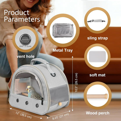 Bird Carrier, Portable Small Bird Parrot Parakeet Carrier with Standing Perch and Stainless Steel Tray, Side Access Window Collapsible (Green, Clear Windows)