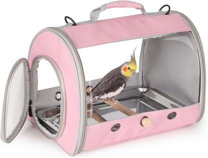 Bird Carrier, Portable Small Bird Parrot Parakeet Carrier with Standing Perch and Stainless Steel Tray, Side Access Window Collapsible (Green, Clear Windows)