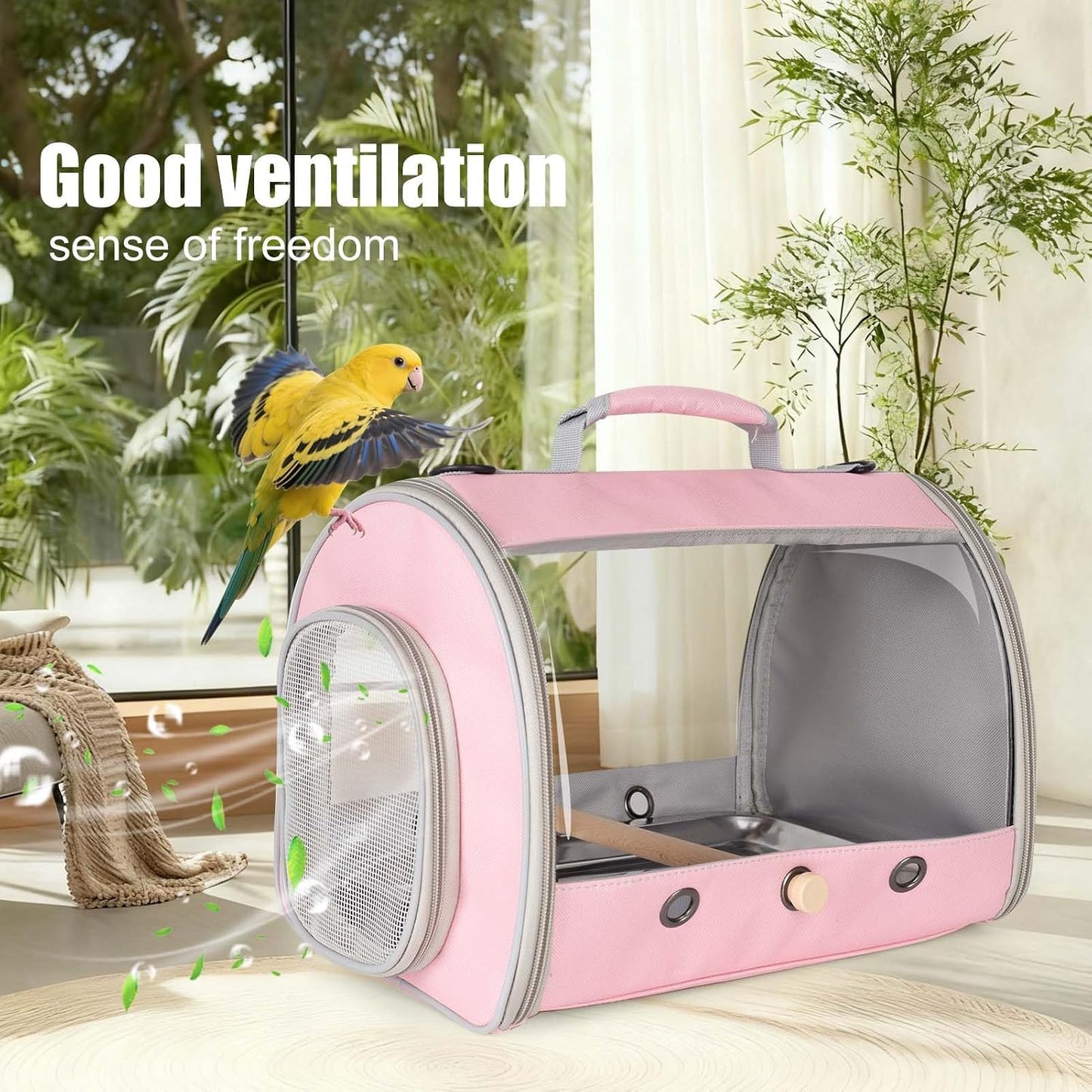 Bird Carrier, Portable Small Bird Parrot Parakeet Carrier with Standing Perch and Stainless Steel Tray, Side Access Window Collapsible (Green, Clear Windows)