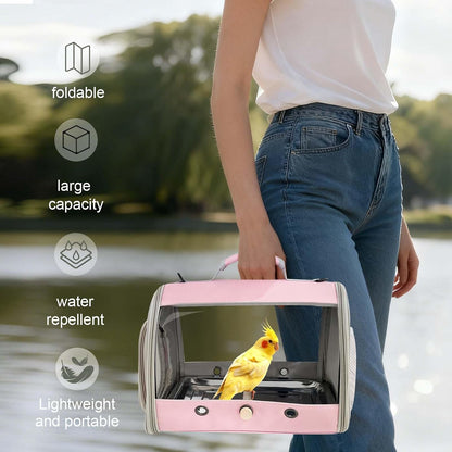 Bird Carrier, Portable Small Bird Parrot Parakeet Carrier with Standing Perch and Stainless Steel Tray, Side Access Window Collapsible (Green, Clear Windows)