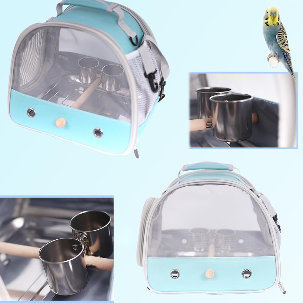 Bird Carrier, Portable Small Bird Parrot Parakeet Carrier with Standing Perch and Stainless Steel Tray, Side Access Window Collapsible (Green, Clear Windows)