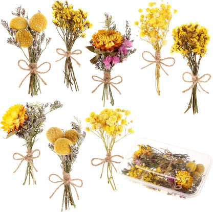 8 Pcs Mini Gypsophila Bouquets Natural Gypsophila Yellow Dried Flowers Bouquet Dry Flower&Leaves Daisy Dried Embossing Flower Bundles Plant Stem Bunch for DIY Craft,Photo Props,Wedding Card Decoration